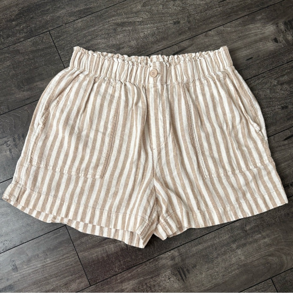 Loft Striped Elastic-Waist Linen Blend Women's Shorts - Cream & Tan